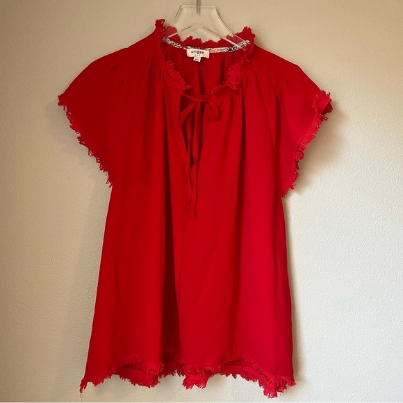 Umgee Tops - Umgee Red Tie Split Neck Frayed Hem Short Sleeve Top Size Large